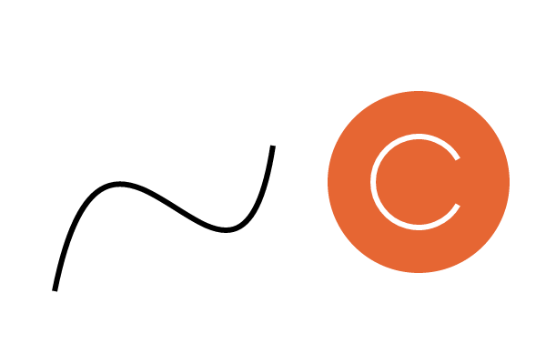 A black S-shaped curve beside an orange disc with a white open ring inside it.