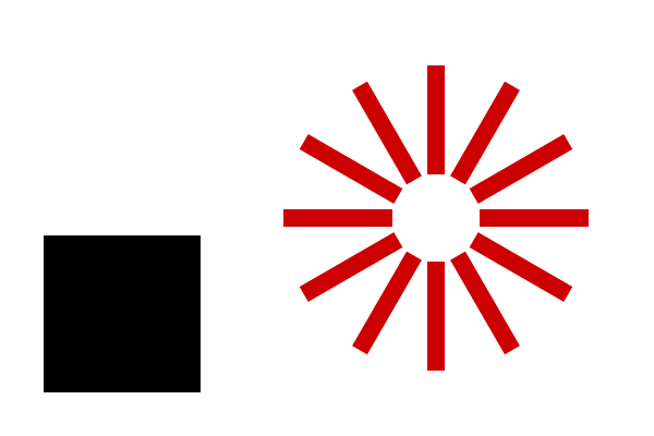 A black one-inch square, and a ring of twelve red bars around a centre point.