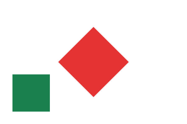 A red square turned 45 degrees in the middle, and an upright green square at the bottom left.