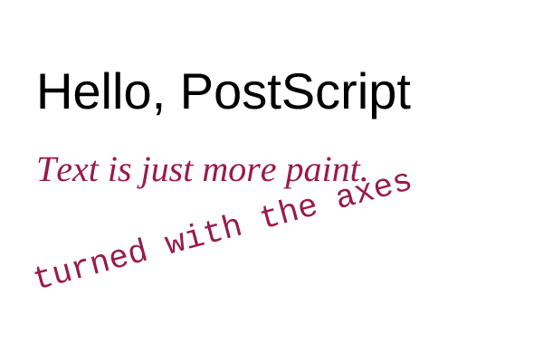 Hello, PostScript in Helvetica; an italic line in dark red; and a line of Courier tilted upwards.