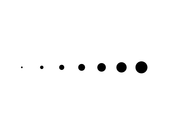 A row of seven black dots growing from tiny to large.