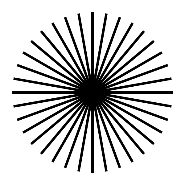 Thirty-six black rays spreading out from the centre.