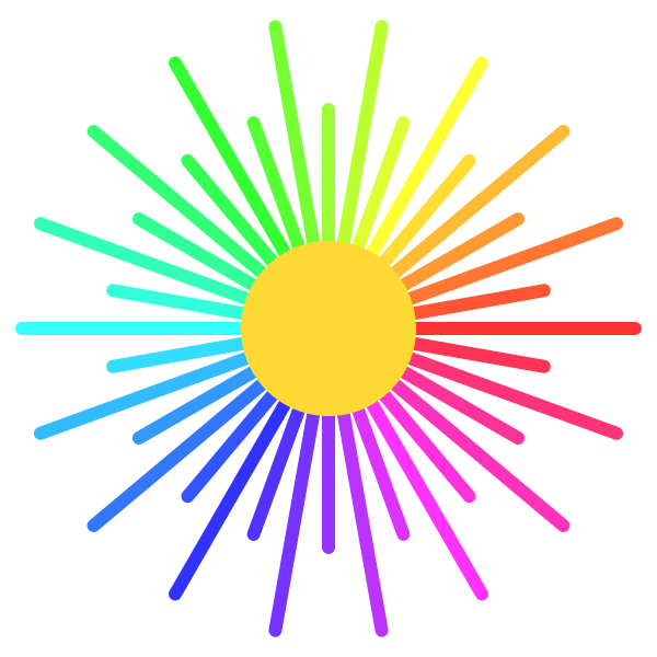Rainbow-coloured rays of alternating length around a yellow disc.