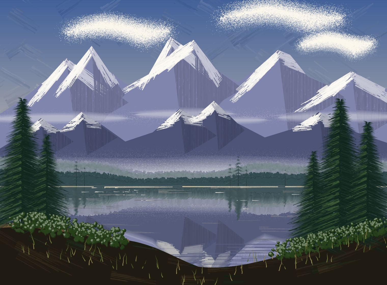 Alpine Lake, snow-capped peaks reflected in a still lake under a criss-cross brushed sky, with evergreens in the foreground