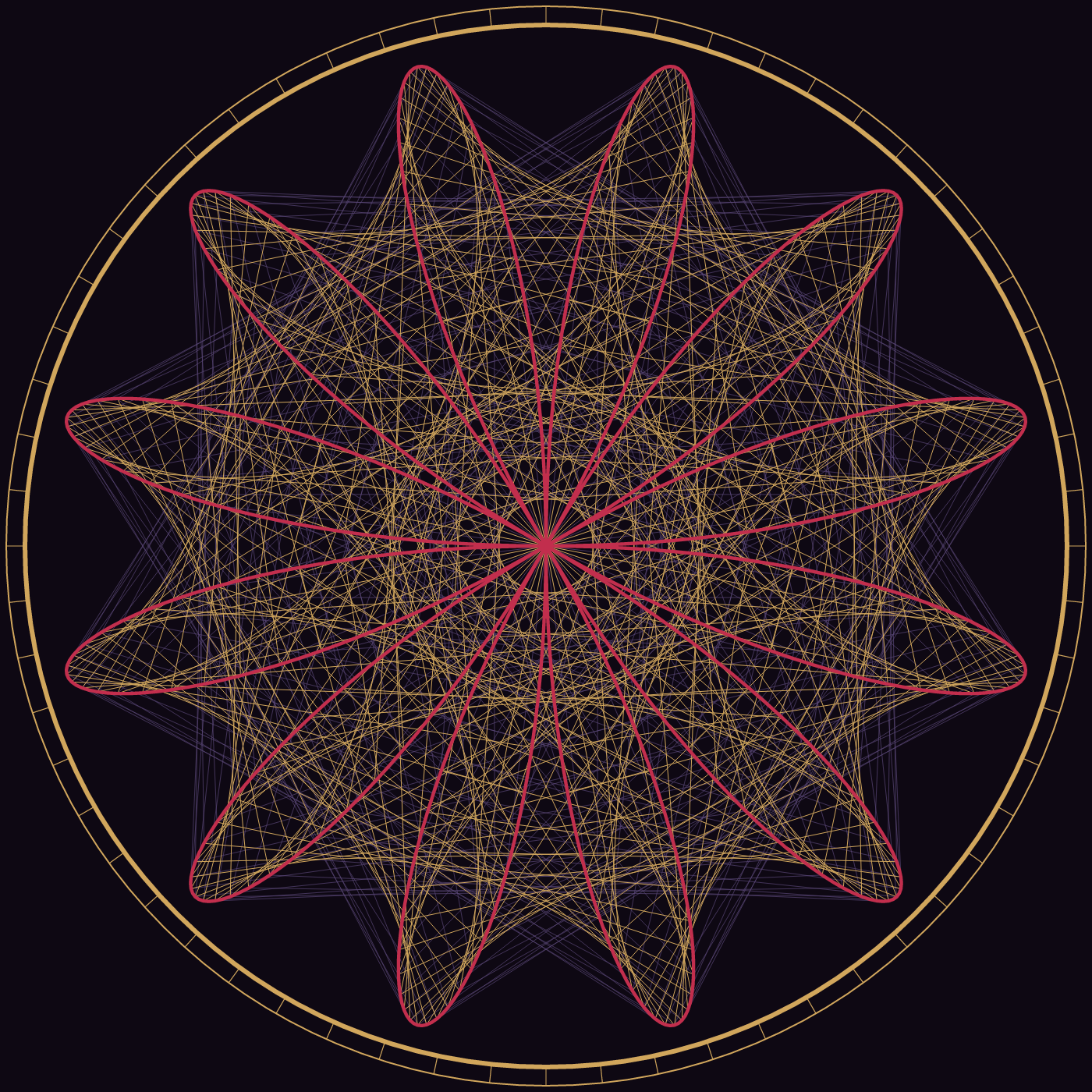 Cathedral Rose, a lace-like rosette woven from straight red and gold chords inside a gold ring on a dark purple ground