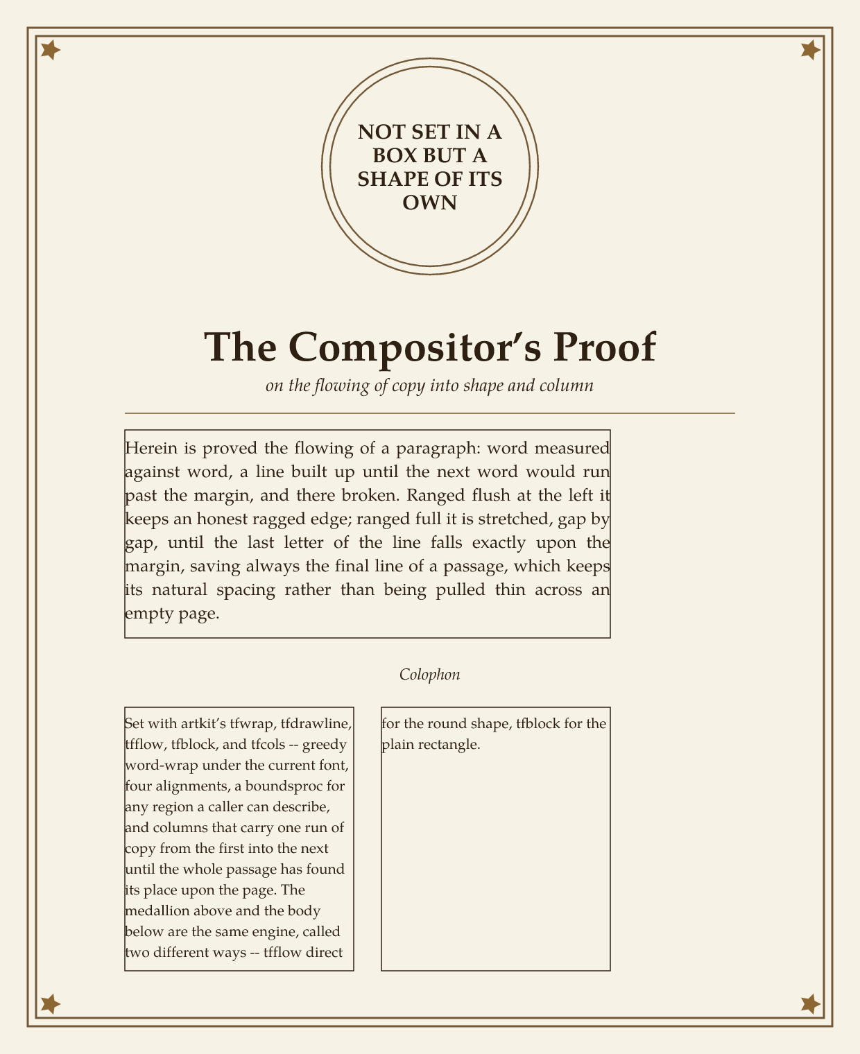 The Compositor's Proof, a printer's proof sheet with a motto set in a circle, a justified paragraph and a two-column colophon