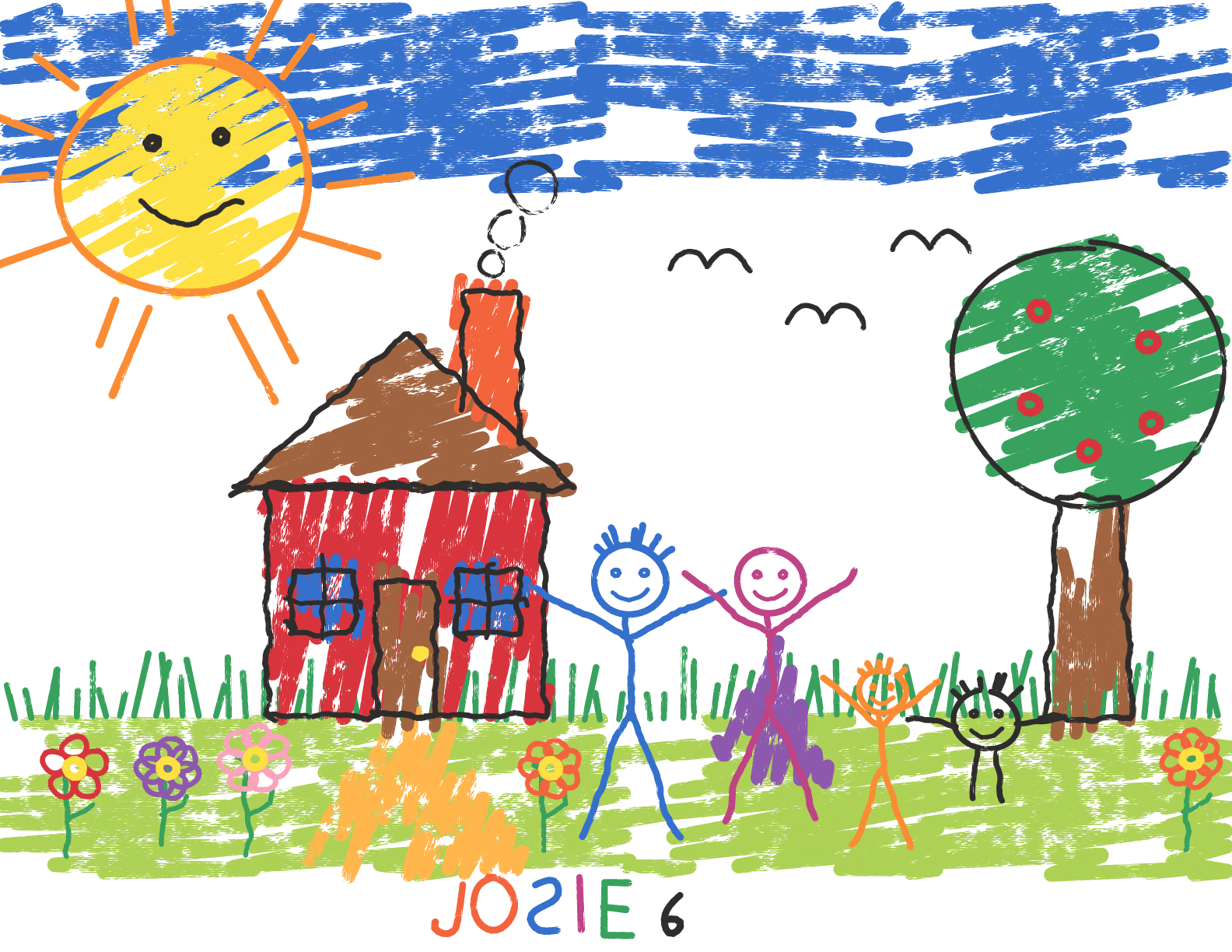My Family and Our House, a young child's crayon drawing: a red house, four stick figures, a smiling sun and blue sky band, and the name Josie