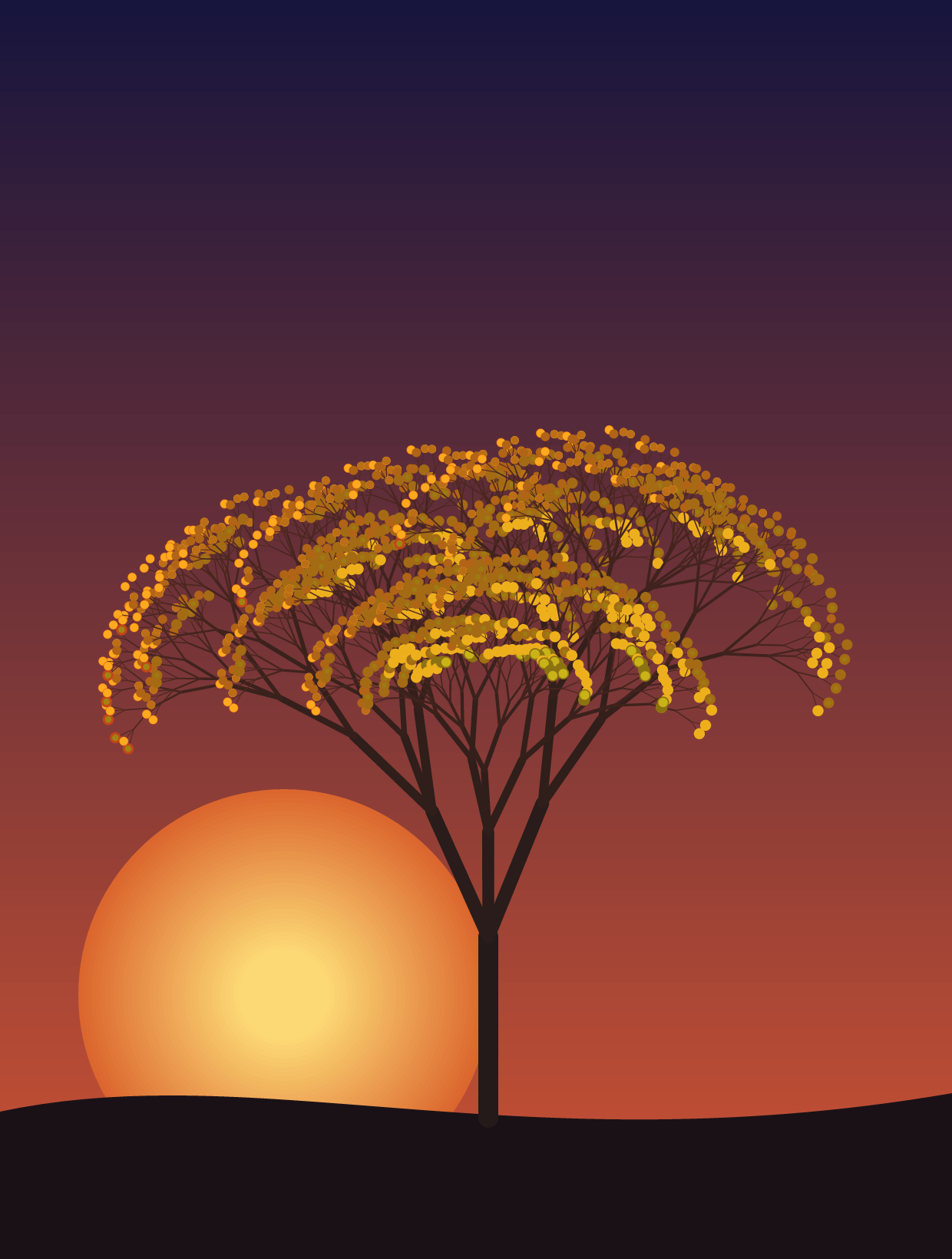 Ember Tree, a tree with a spreading crown of golden leaf clusters in front of a large glowing sun setting on a dusk sky that fades from deep blue to red