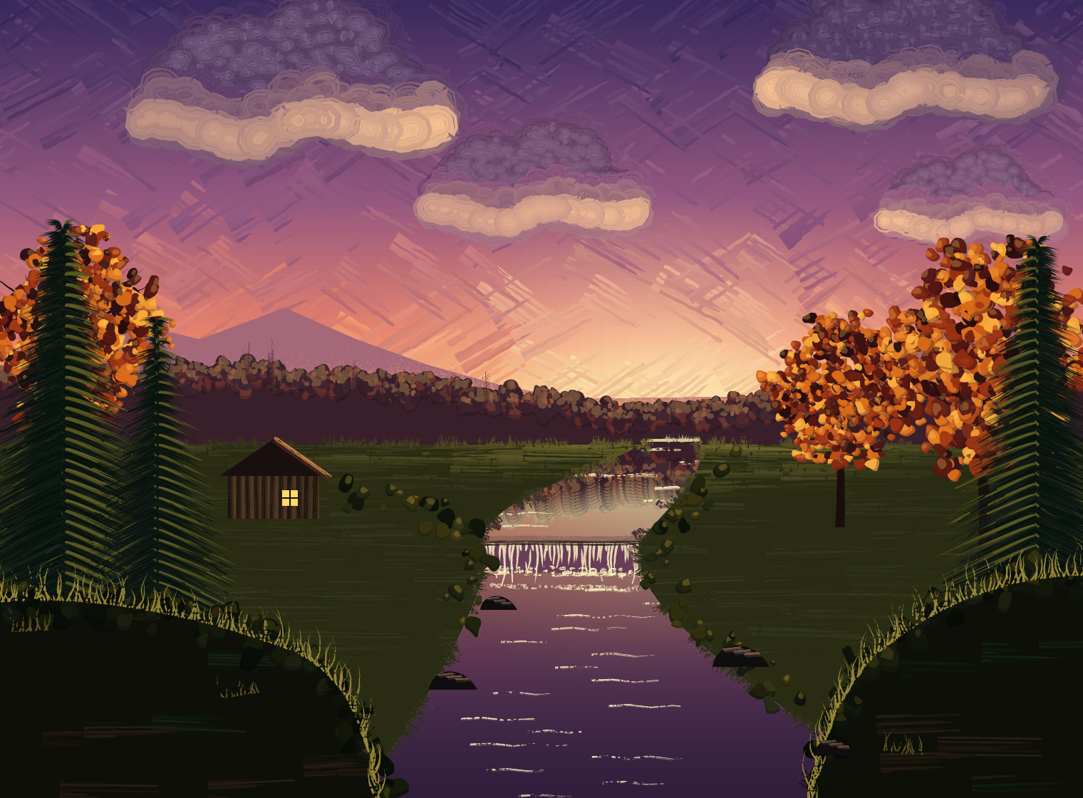 Evening Stream: a purple dusk sky over a cabin, autumn trees and a winding stream, painted in layered strokes