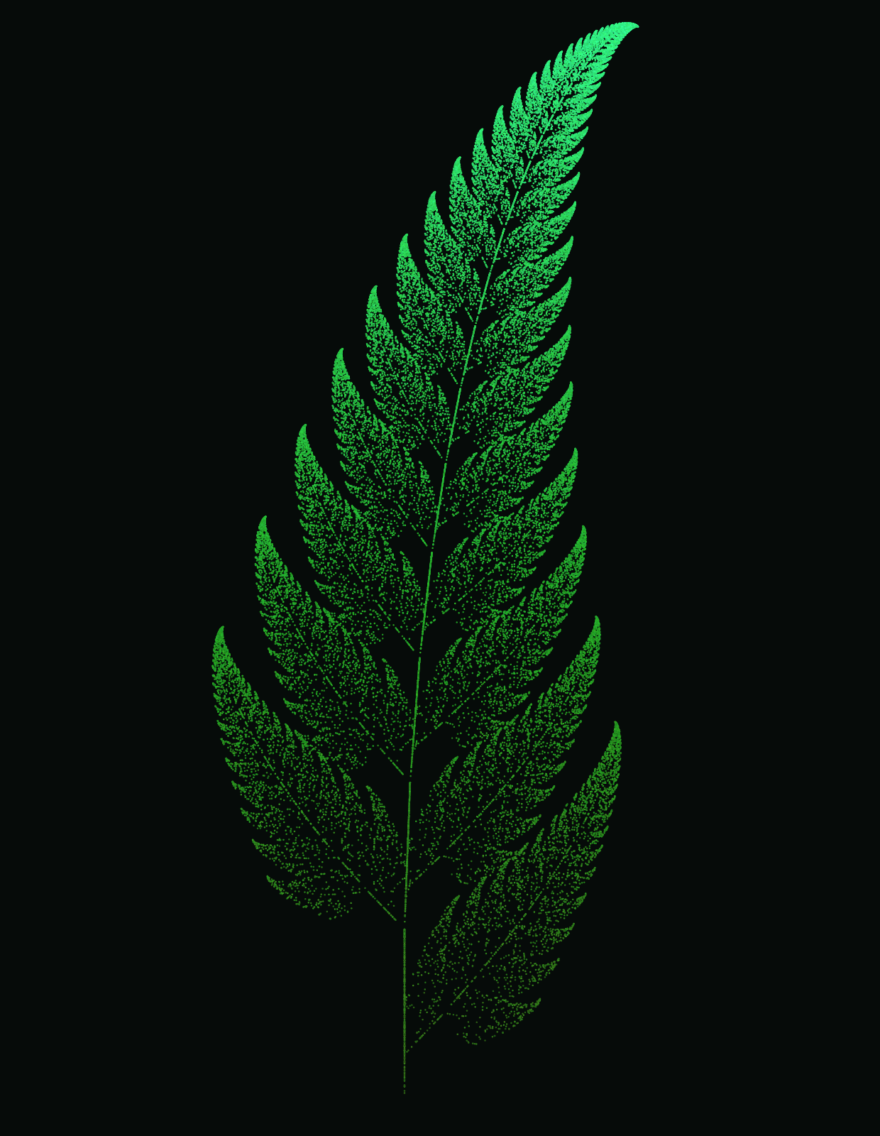A green fern frond made of tens of thousands of tiny dots, shown on a dark background