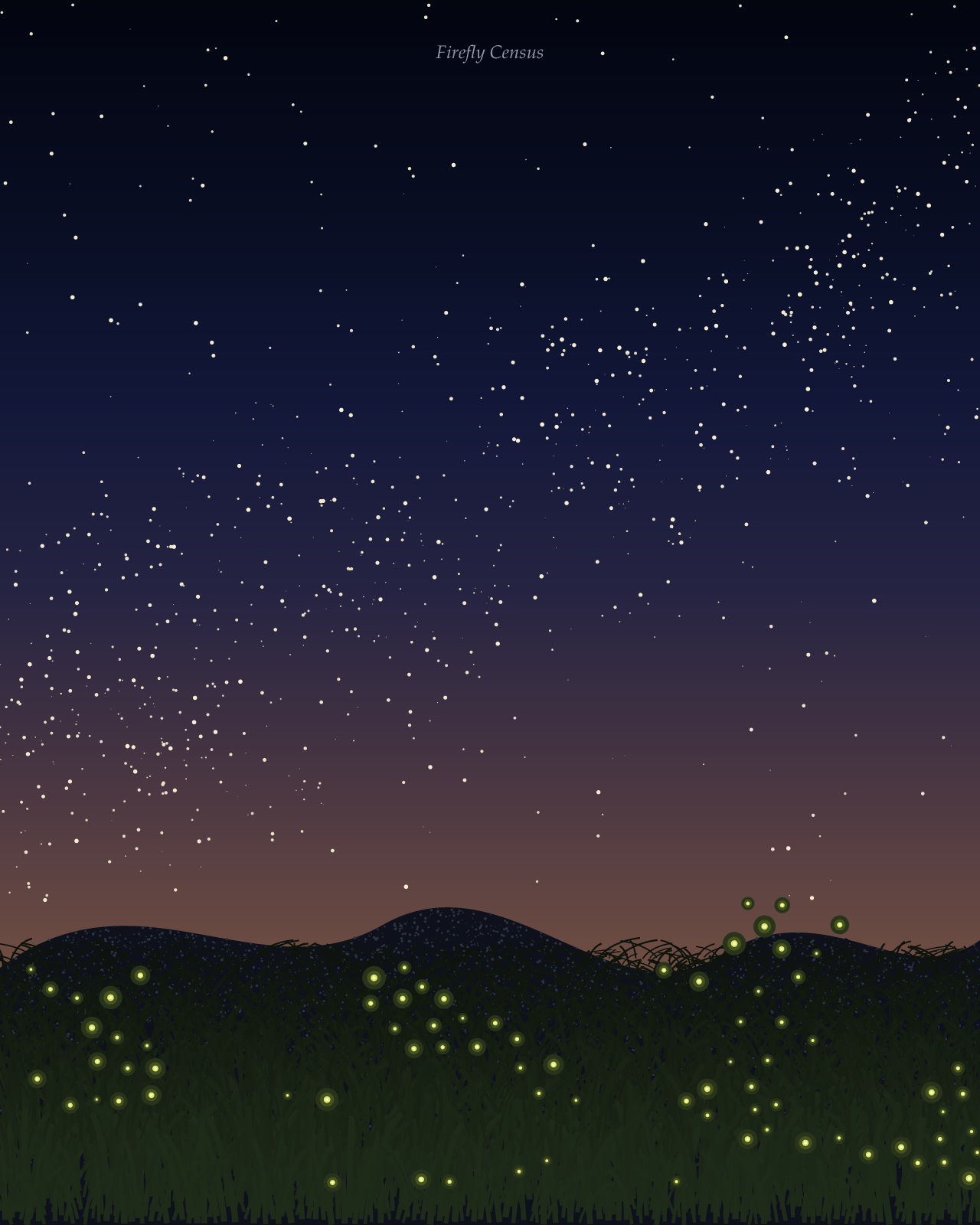 Firefly Census, a summer meadow after dark with a starry sky, a stippled hill, tall grass and glowing fireflies