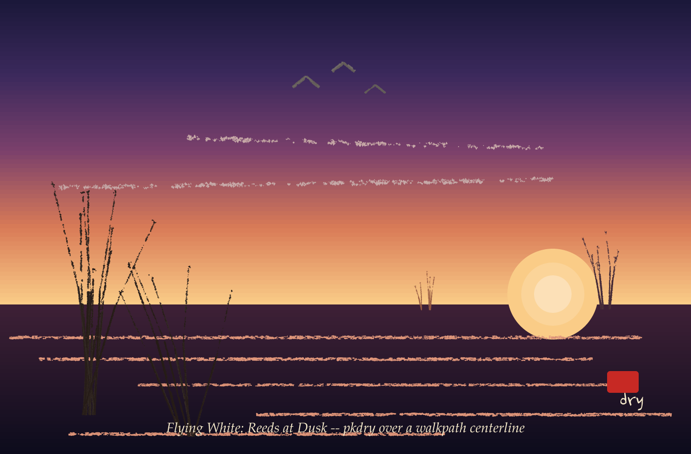 Flying White, a dusk wetland with reeds in dry-brush strokes, a broken reflection in the water and thin mist in the sky