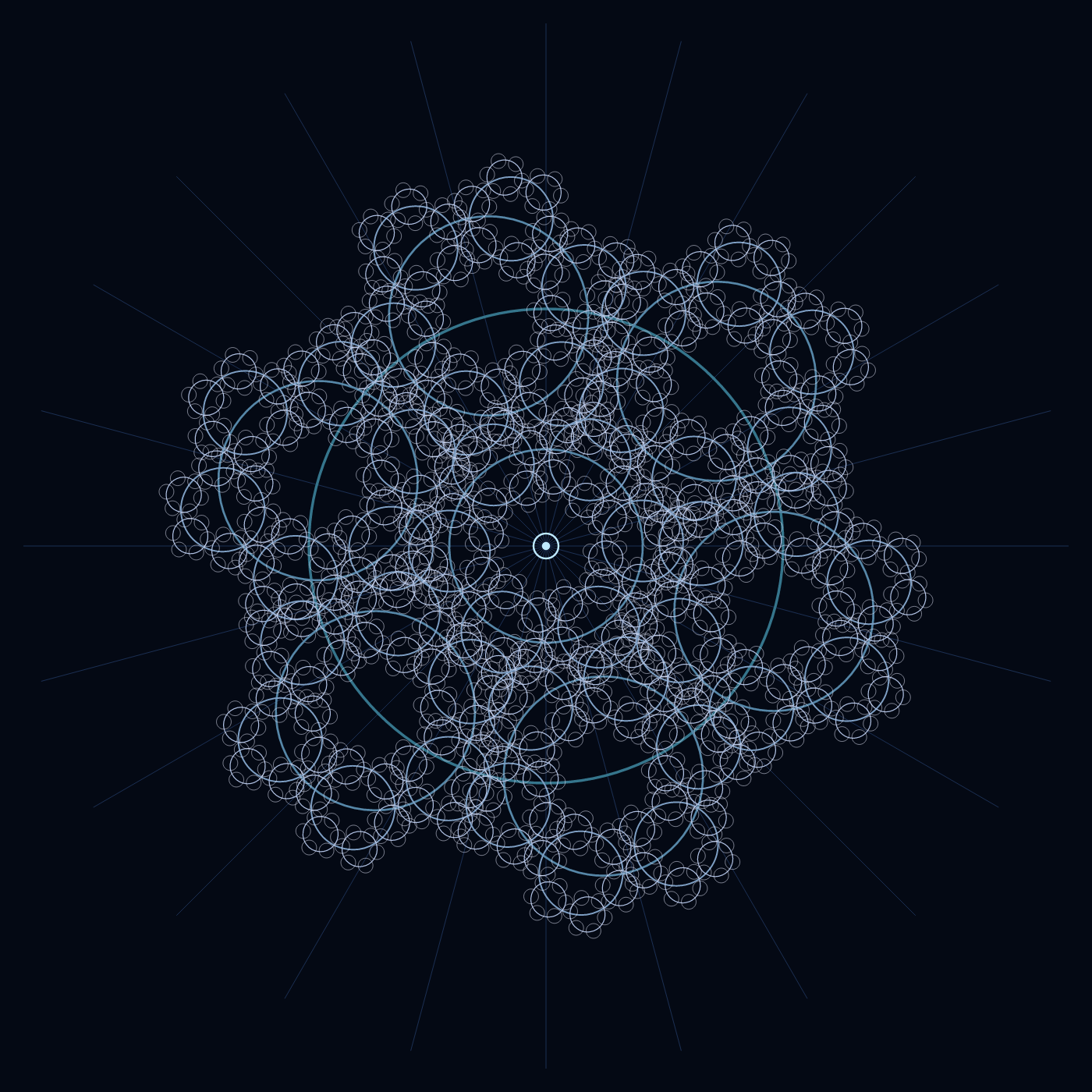 Frost Mandala, a six-fold pattern of fine overlapping circle outlines in pale blue and teal on a near-black ground, with faint rays