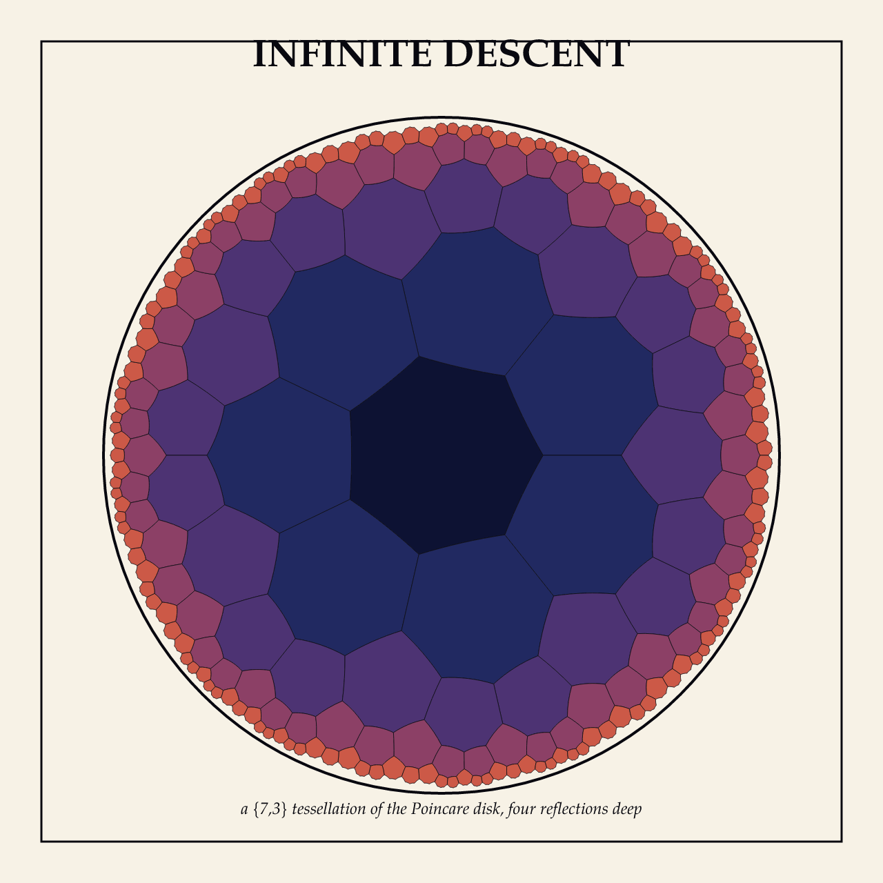 Infinite Descent, a disc tiled with heptagons that shrink toward the rim, coloured in rings from dark navy at the centre through purple to orange-red at the edge