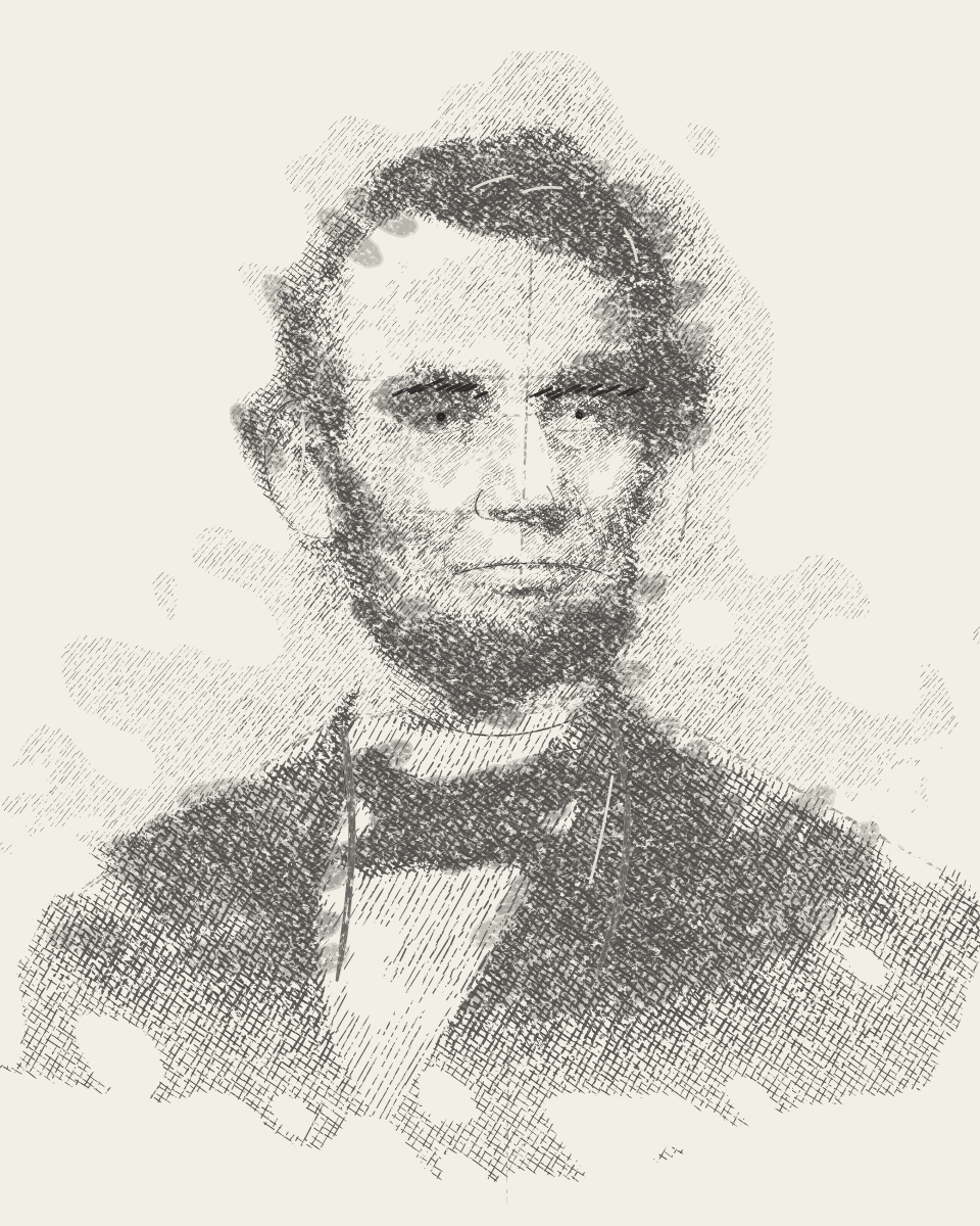 Study after Berger, 1864, a charcoal portrait of Abraham Lincoln drawn as an art student would, with the coat and background left unfinished