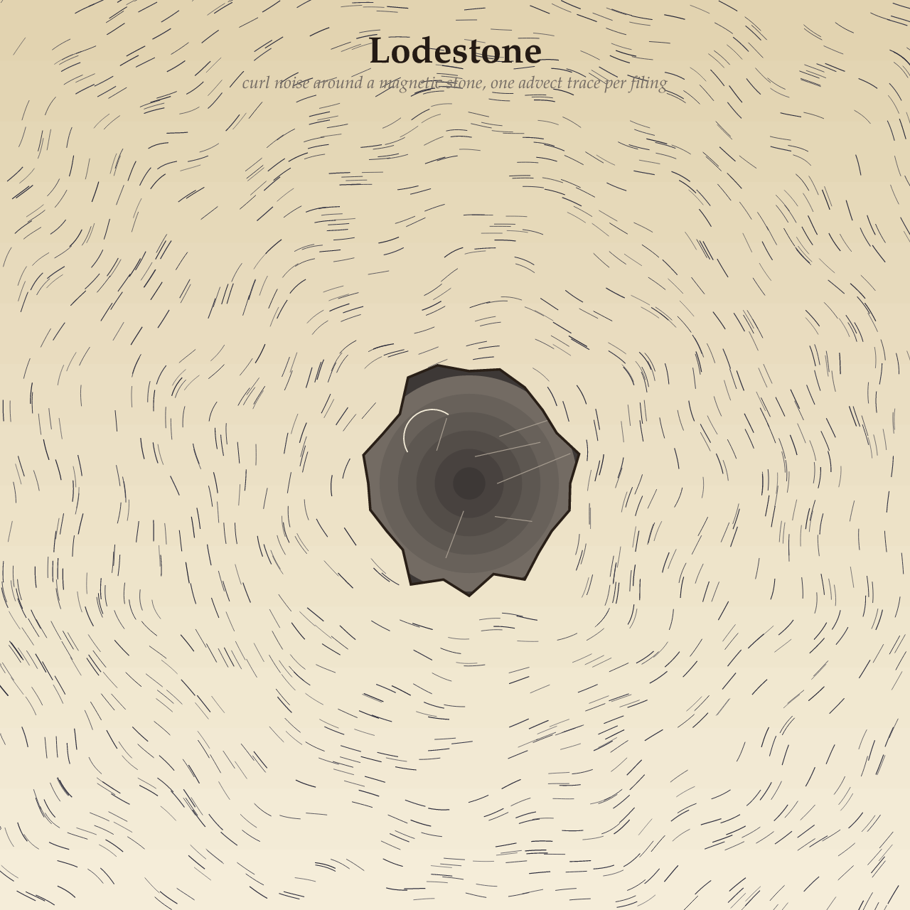 Lodestone, hundreds of short dark strokes (iron filings) curling in loops around a dark rock on a pale tan ground, like the field lines of a magnet