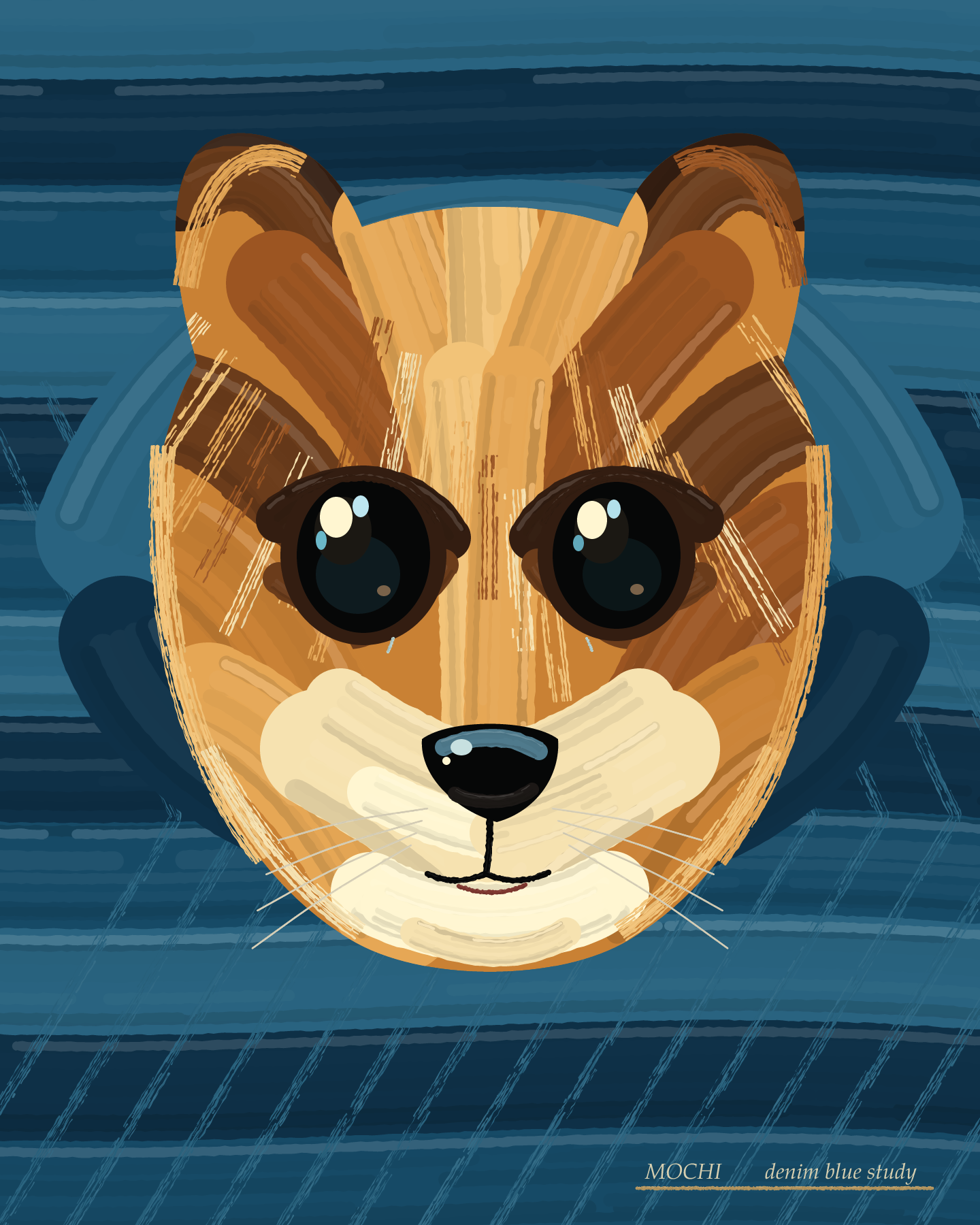 Mochi in Denim Blue, an oil-painting style portrait of a golden Pomeranian with upright ears against a denim-blue canvas