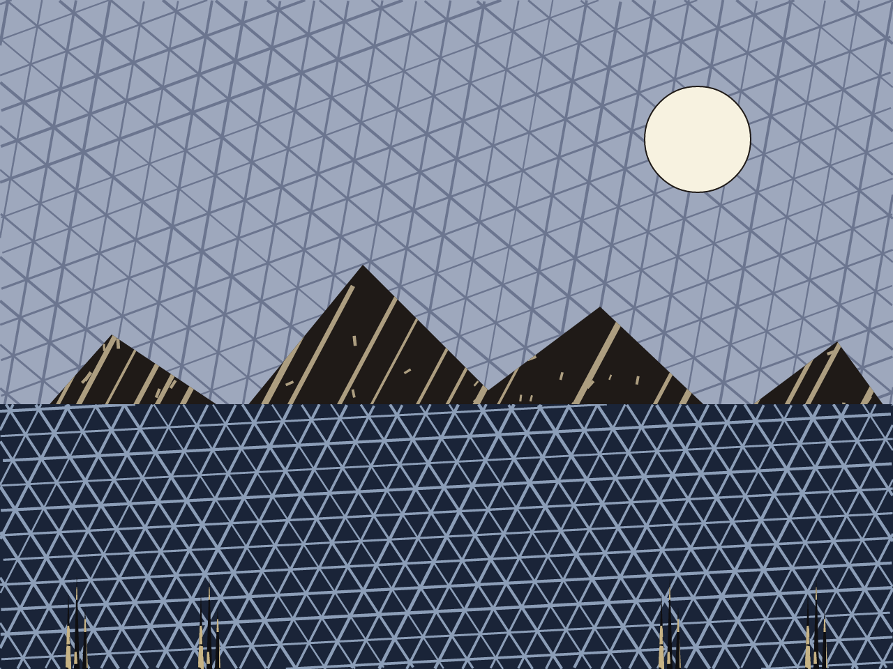 Nightfall, Three Cuts, a moonlit ridge over water in three print styles: engraved sky and water, woodcut mountains and linocut reeds