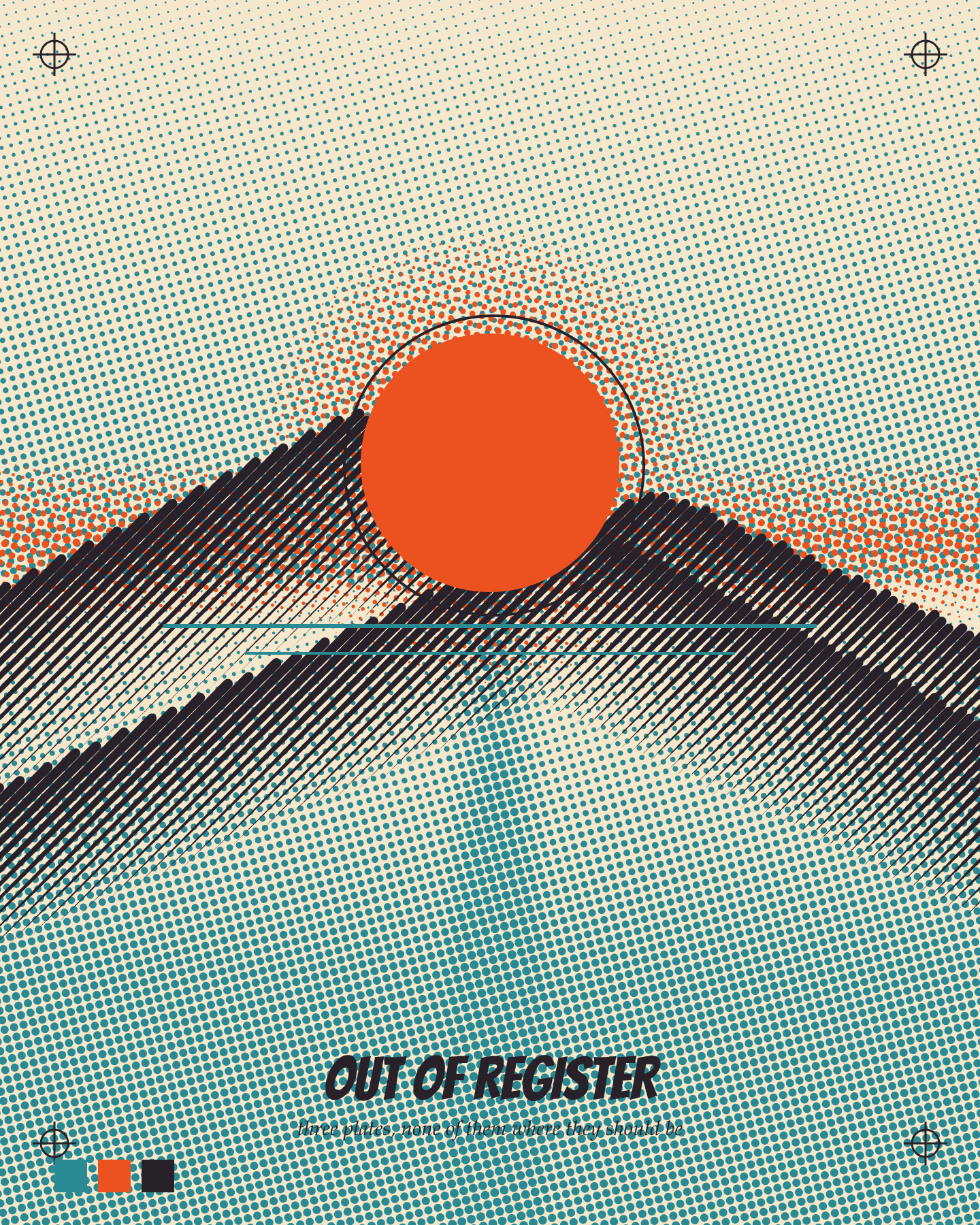 Out of Register, a three-colour risograph-style sunset made of halftone dots in teal and orange with dark line ridges, printed slightly misaligned