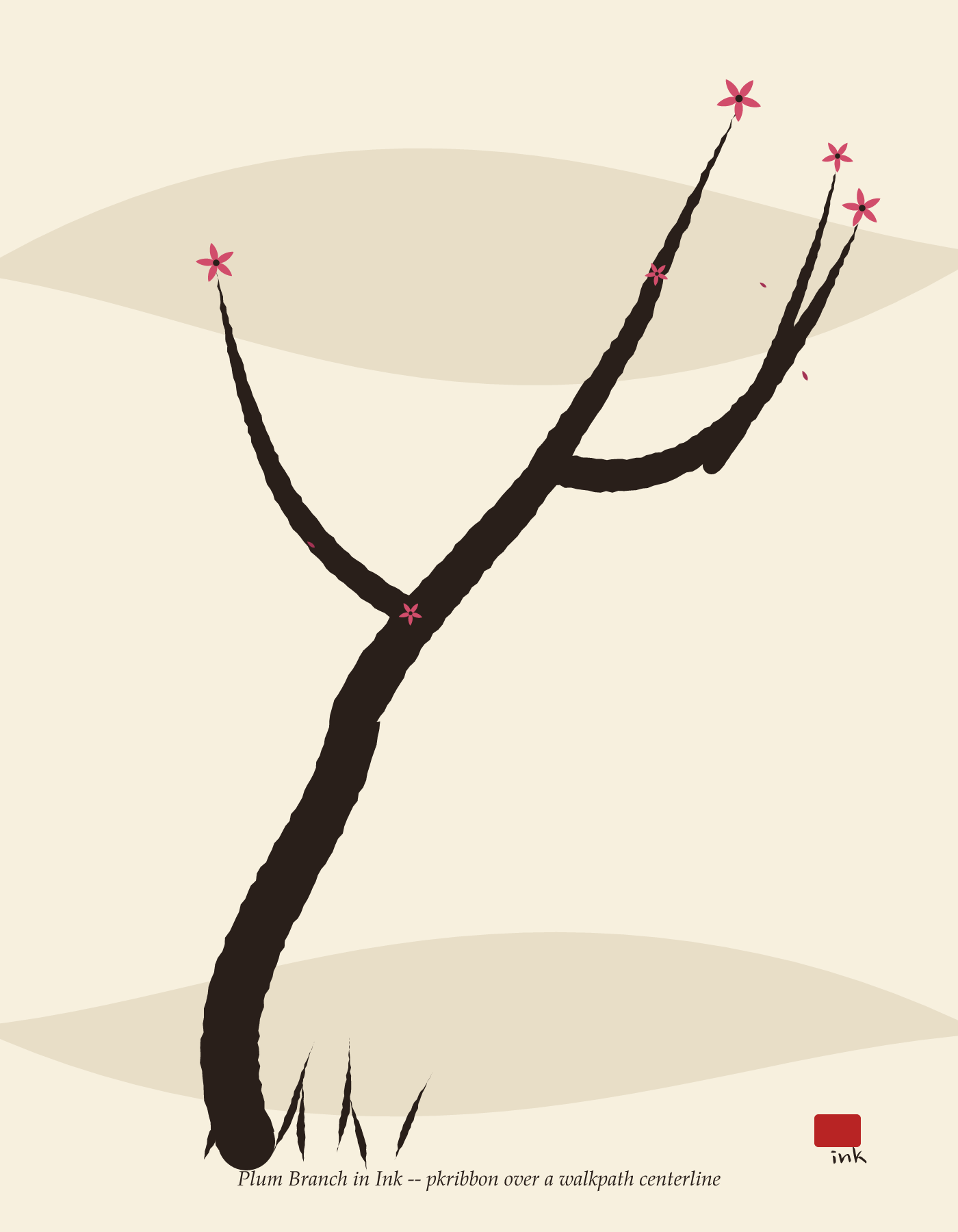 Plum Branch in Ink, a sumi-e ink painting of a plum branch with blossoms, grass and a soft wash behind
