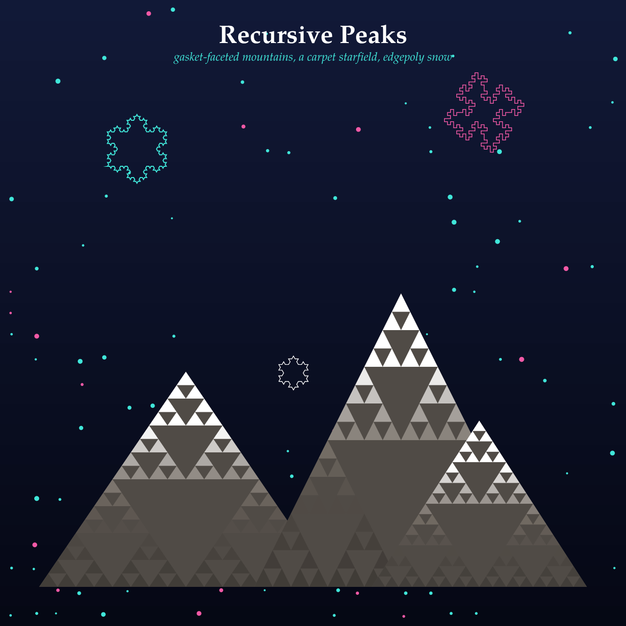 Recursive Peaks, three mountains made of nested triangles shaded from white tips to grey, under a night sky of cyan and pink stars and three fractal snowflake outlines