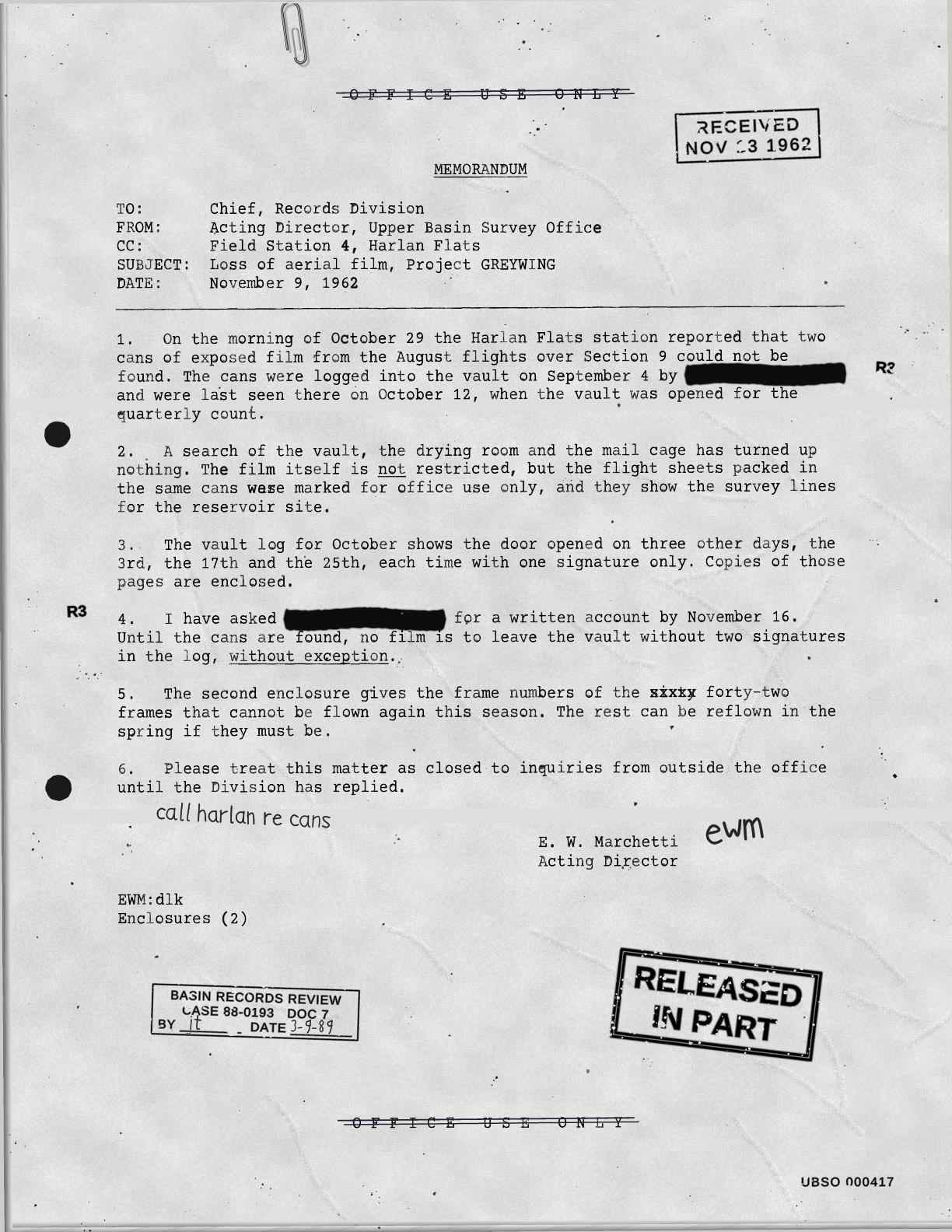 Released in Part, a typed 1962 office memorandum on a twice-photocopied page: an office-use-only marking at the head and foot ruled through by a reviewer's pen, a memo header, six numbered paragraphs with a strikeover, an x-out and underlined words, two names covered by marker bars with an exemption code beside each, a received date stamp, a records-review box stamp with handwritten initials and date, a released-in-part stamp, a document number, a paper clip, punch holes, and handwritten initials and a note