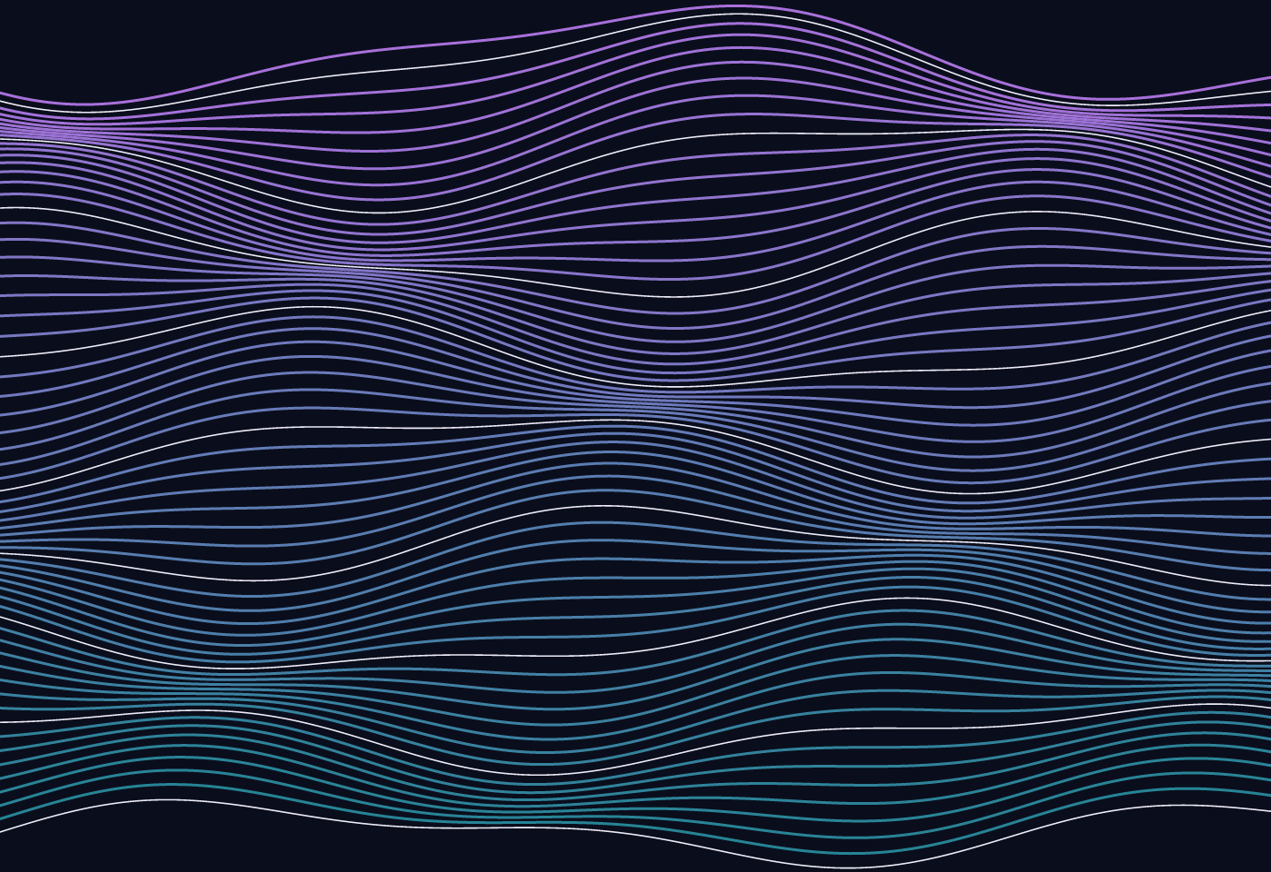 Silk Waves, sixty-six thin threads rippling across a dark page, shading from violet at the top to teal at the bottom, with a few white threads