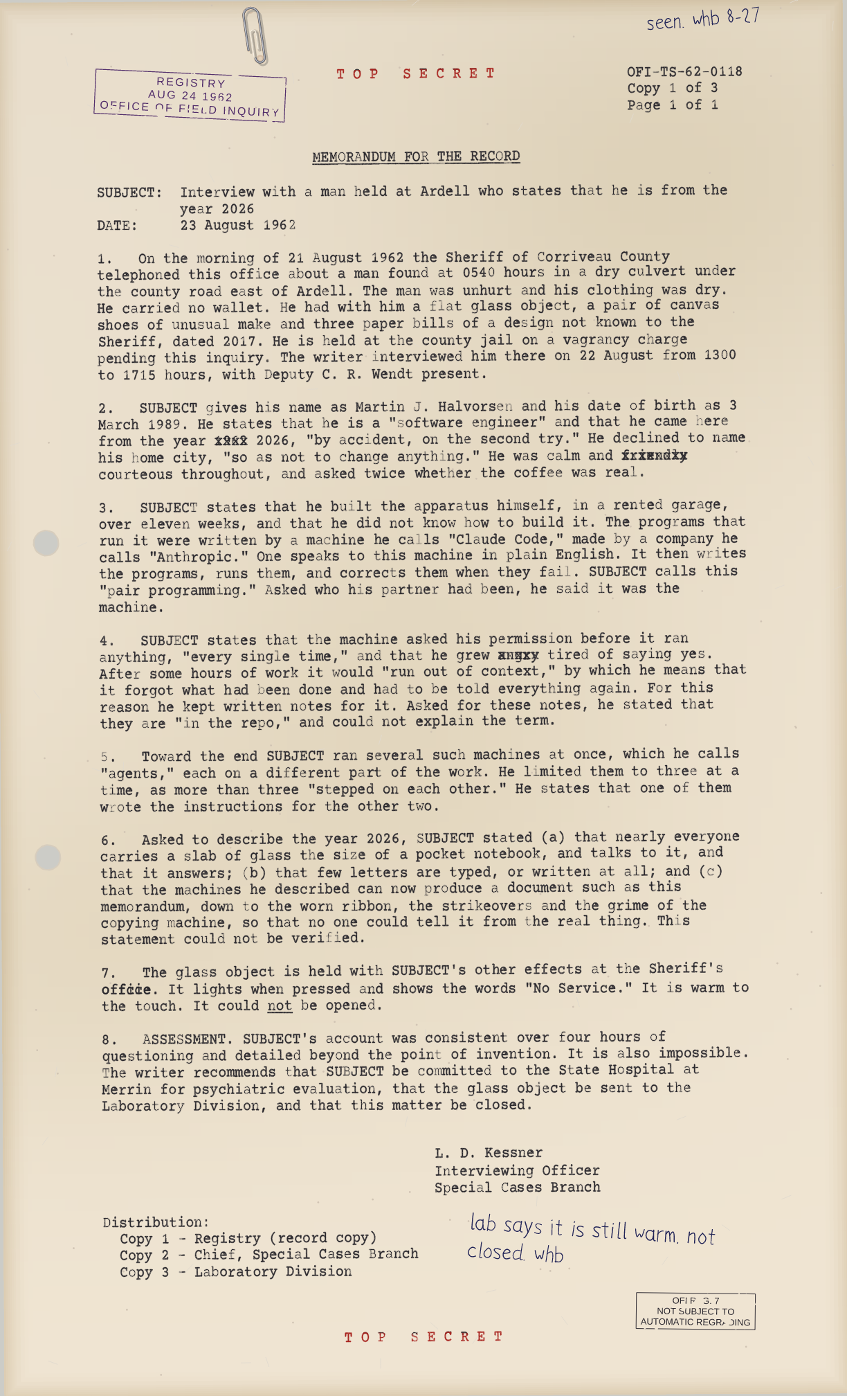 The Man from 2026, a typed 1962 TOP SECRET memorandum for the record on aged legal paper: red typed classification lines at the head and foot, a control number and copy line, a registry stamp, a paper clip and punch holes, numbered paragraphs with x-outs and a strikeover, a signature block and distribution list, a regrading box and handwritten initials and a margin note