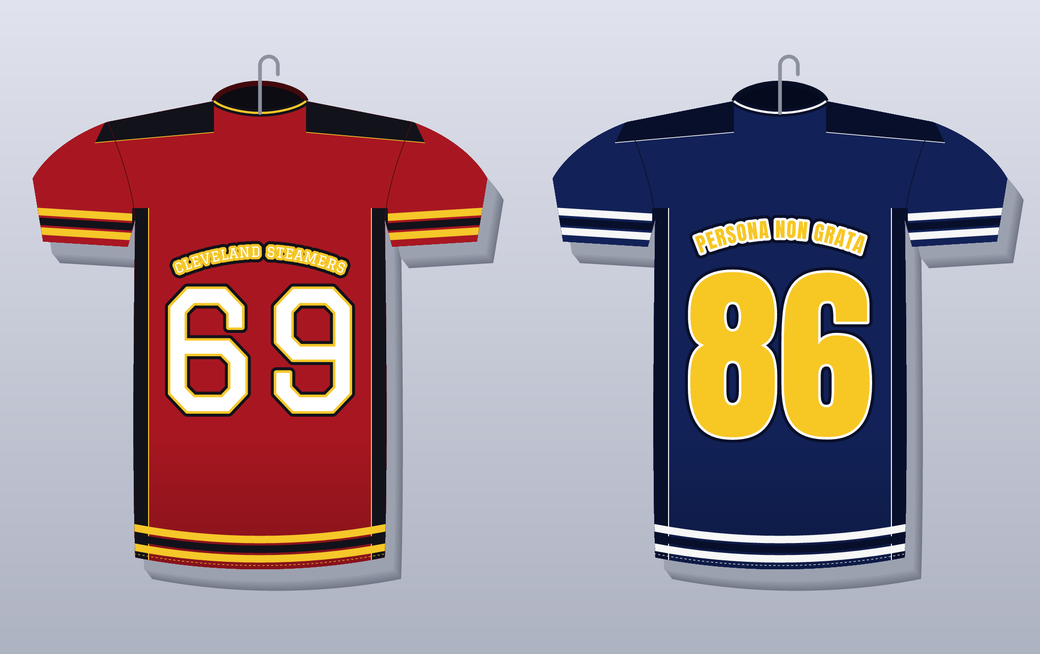 Varsity Backs, two team jerseys seen from behind, cardinal-and-gold and navy-and-white, with arched names over large numbers