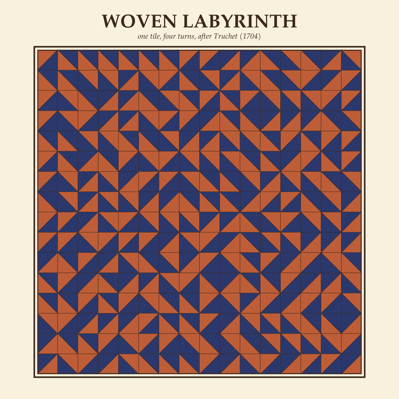 Woven Labyrinth, a square grid of tiles, each split corner to corner into one orange and one navy triangle, under a title and a double frame